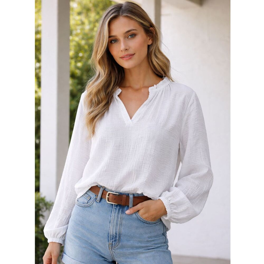 Sunnow Women's White Ruffle Blouse Size S Long Sleeve Crinkle Gauze Rayon Boho